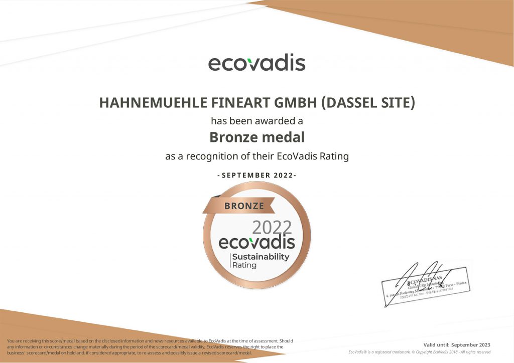 EcoVadis Sustainability Rating Certificate for Hahnemühle Papermanufacturer