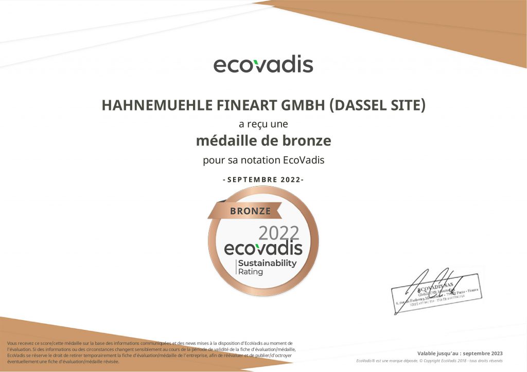 Certificat d'évaluation de la durabilité EcoVadis pour le fabricant de papier Hahnemühle