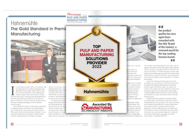 Hahnemühle ist als Premium Papier Hersteller ausgezeichnet
