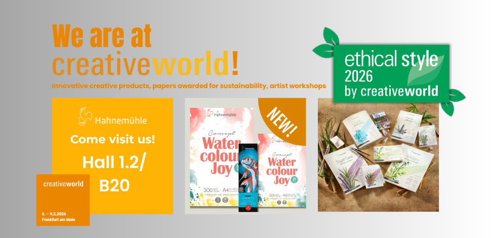 Hahnemühle auf der Creativeworld 2026 Hahnemühle präsentiert Watercolour Joy Aquarellpapiere und Black Bookmark Pad, schwarzes Lesezeichenpapier auf der Creativeworld 2026